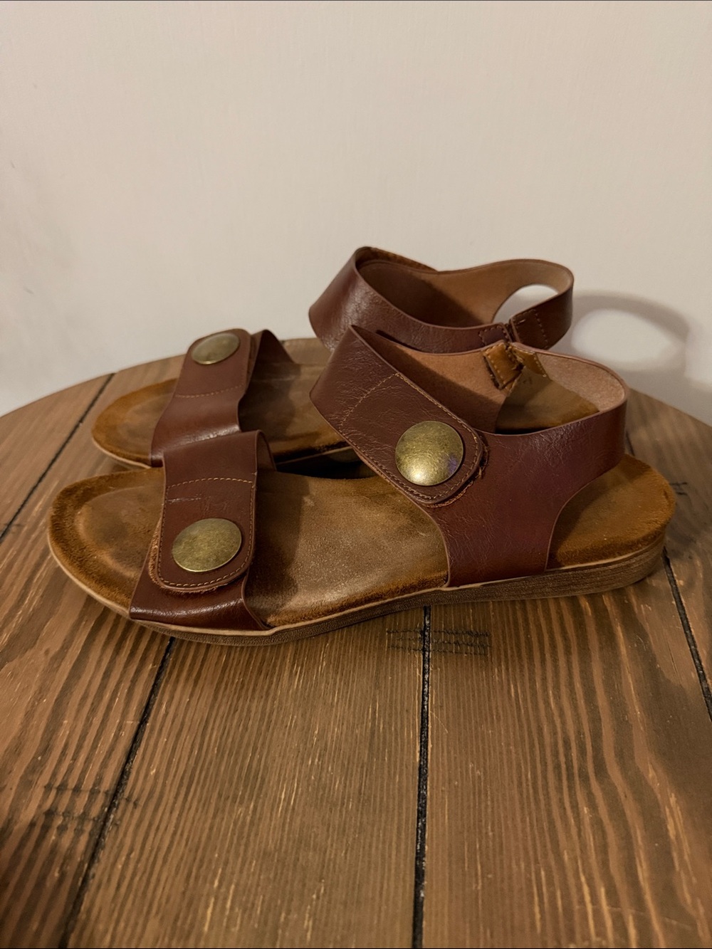 Pierre Dumas Brown Leather Slide Sandals with Antique Brass Buttons - Picture 2 of 5